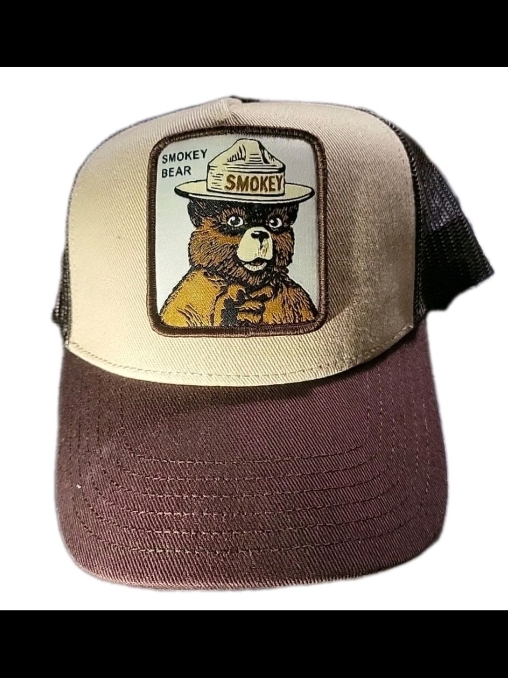SMOKEY BEAR Brown Fabric Patch Mesh-Back Cap Hat Adjustable Snap Back